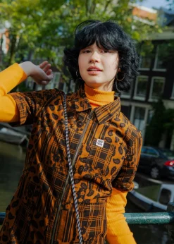 Online Rex - Short Sleeve Corduroy Jumpsuit in Brown Penny Patchwork Print All Jumpsuits