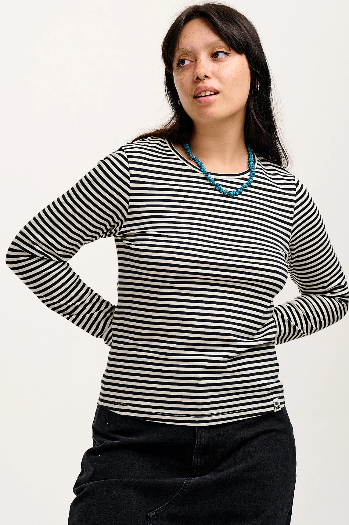 New Rey - Long Sleeve Cotton Top in Black & White Stripe All Tops & Tees|Long Sleeve Tops