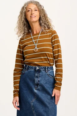 Sale Rey - Long Sleeve Cotton Top in Caramel Stripe Long Sleeve Tops