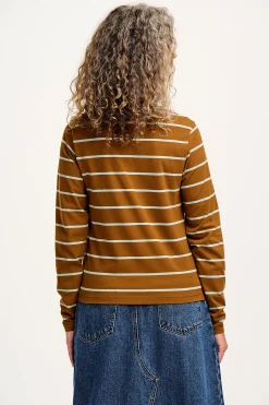 Sale Rey - Long Sleeve Cotton Top in Caramel Stripe Long Sleeve Tops