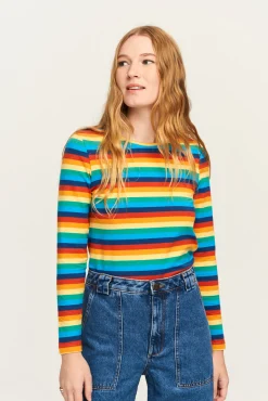 Discount Rey - Long Sleeve Cotton Top in Rainbow Stripe All Tops & Tees|Long Sleeve Tops