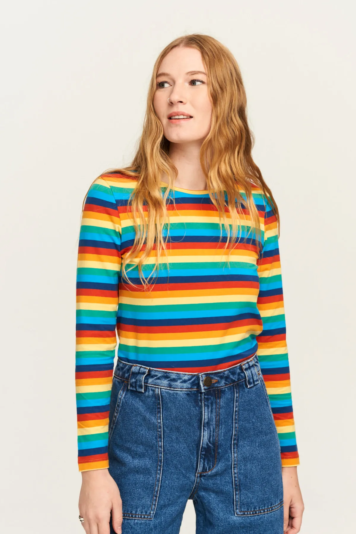 Discount Rey - Long Sleeve Cotton Top in Rainbow Stripe All Tops & Tees|Long Sleeve Tops