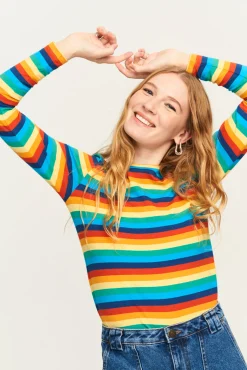 Discount Rey - Long Sleeve Cotton Top in Rainbow Stripe All Tops & Tees|Long Sleeve Tops