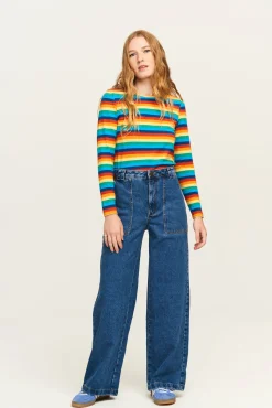 Discount Rey - Long Sleeve Cotton Top in Rainbow Stripe All Tops & Tees|Long Sleeve Tops