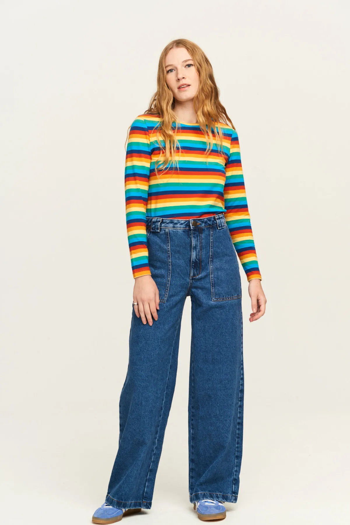 Discount Rey - Long Sleeve Cotton Top in Rainbow Stripe All Tops & Tees|Long Sleeve Tops