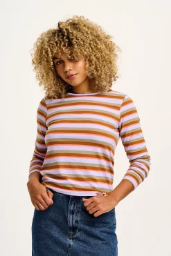 Clearance Rey - Long Sleeve Cotton Top in Iris Stripe Print All Tops & Tees|Long Sleeve Tops