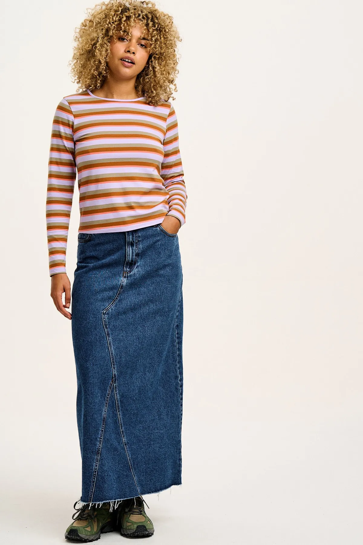 Clearance Rey - Long Sleeve Cotton Top in Iris Stripe Print All Tops & Tees|Long Sleeve Tops