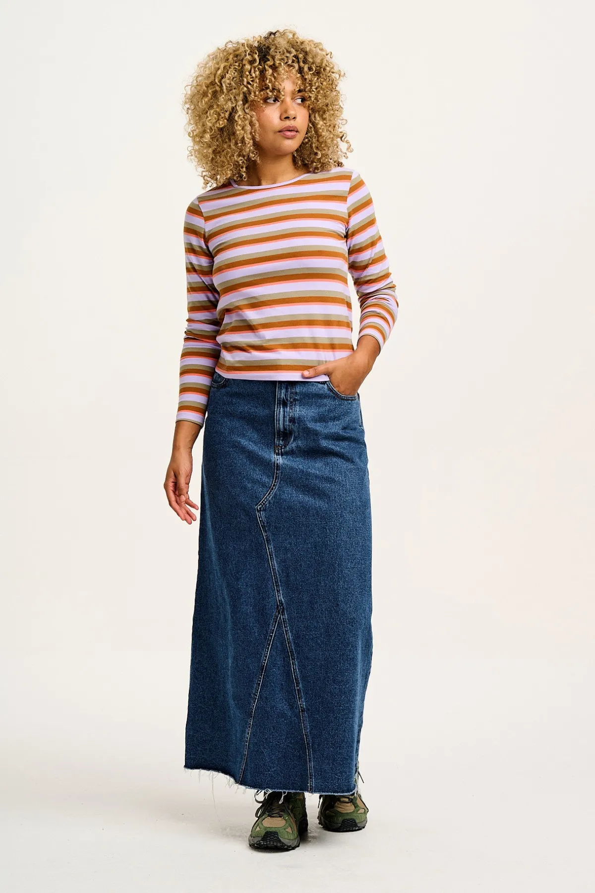 Clearance Rey - Long Sleeve Cotton Top in Iris Stripe Print All Tops & Tees|Long Sleeve Tops
