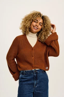 Online Robyn - V-Neck Knitted Cardigan in Caramel Cafe brown All Outerwear & Knitwear|Long Sleeve Tops