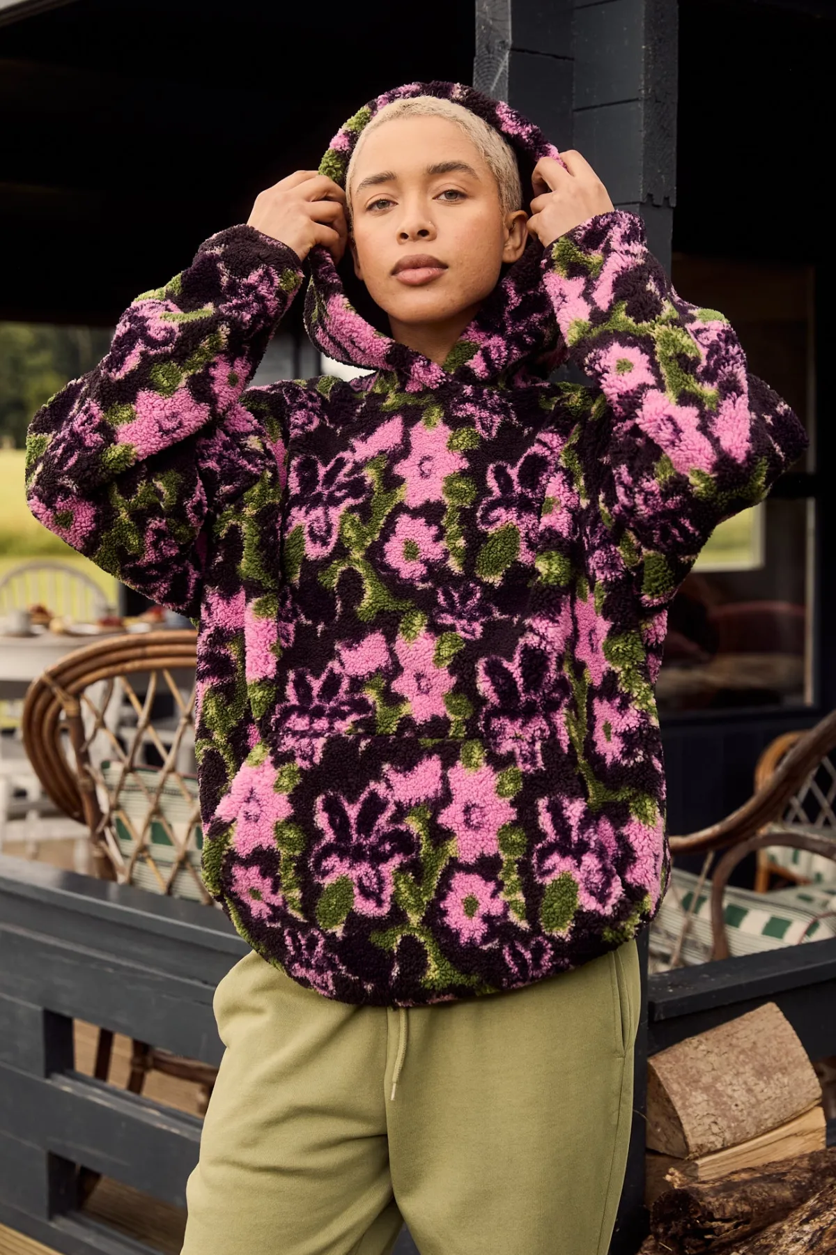 Clearance Rory - Borg Fleece Hoodie in Wilderley Floral Print All Outerwear & Knitwear|Sweaters & Hoodies