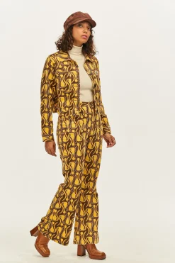 Outlet Ziggy - Flare Corduroy Trousers in Feline Fine Print All Bottoms
