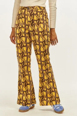 Outlet Ziggy - Flare Corduroy Trousers in Feline Fine Print All Bottoms