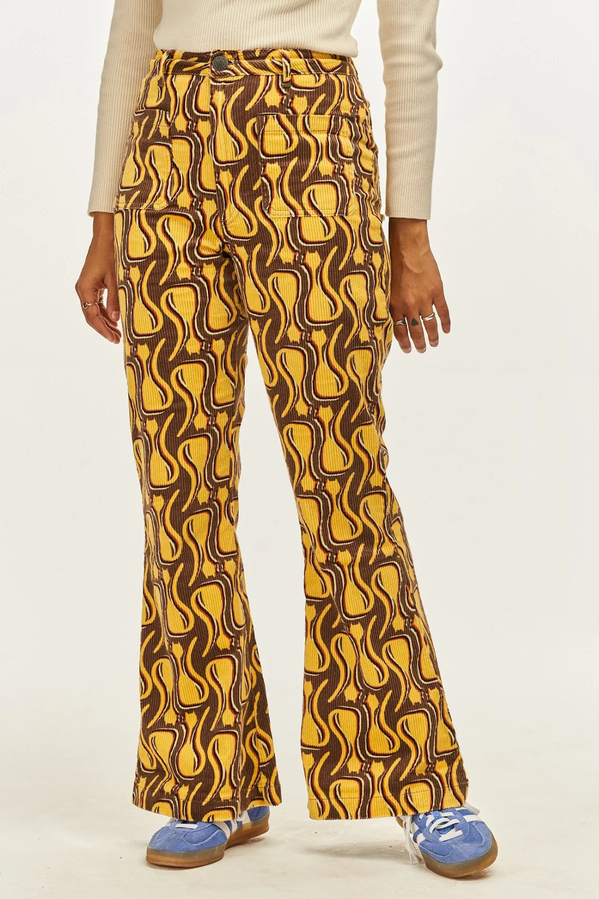 Outlet Ziggy - Flare Corduroy Trousers in Feline Fine Print All Bottoms