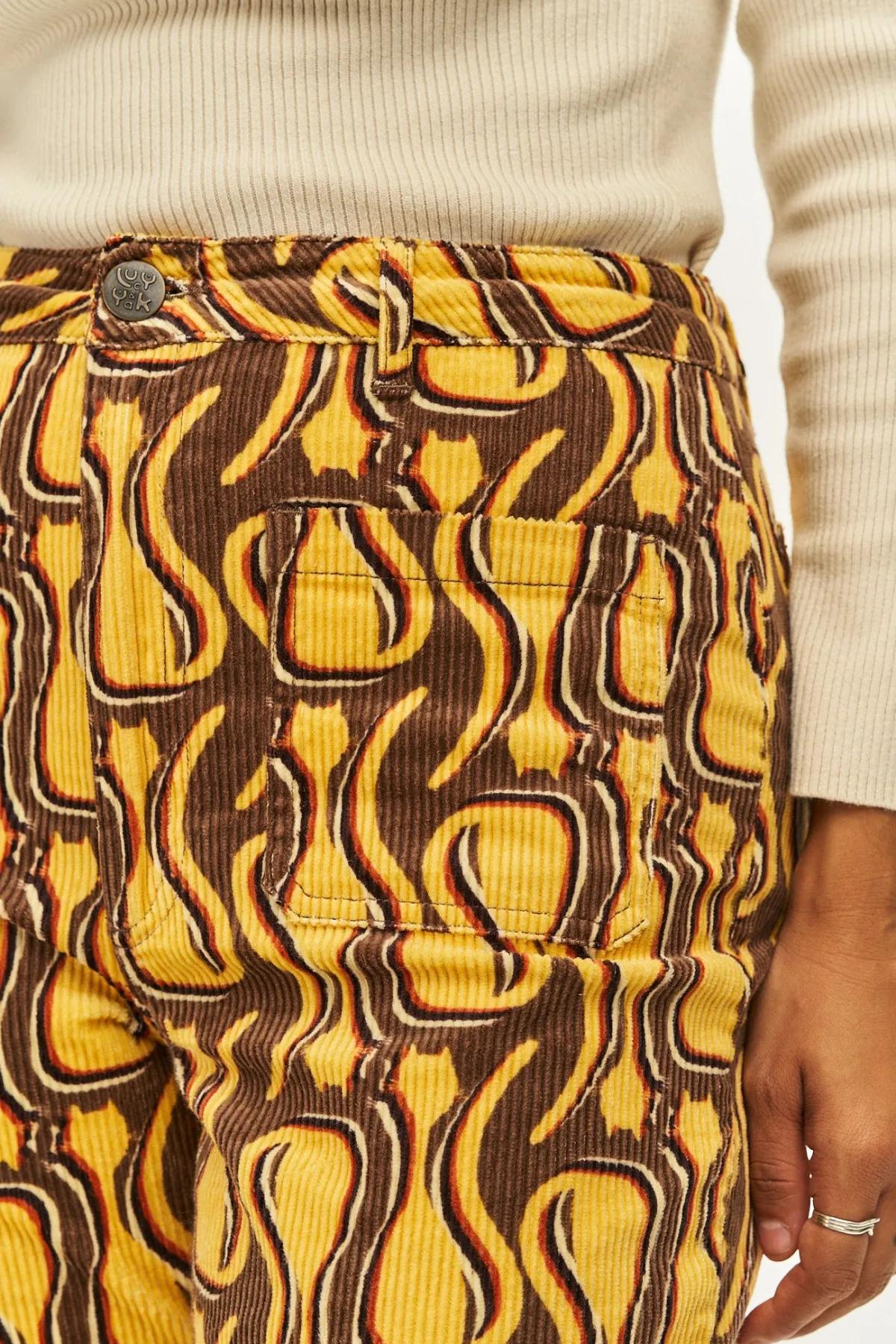 Outlet Ziggy - Flare Corduroy Trousers in Feline Fine Print All Bottoms