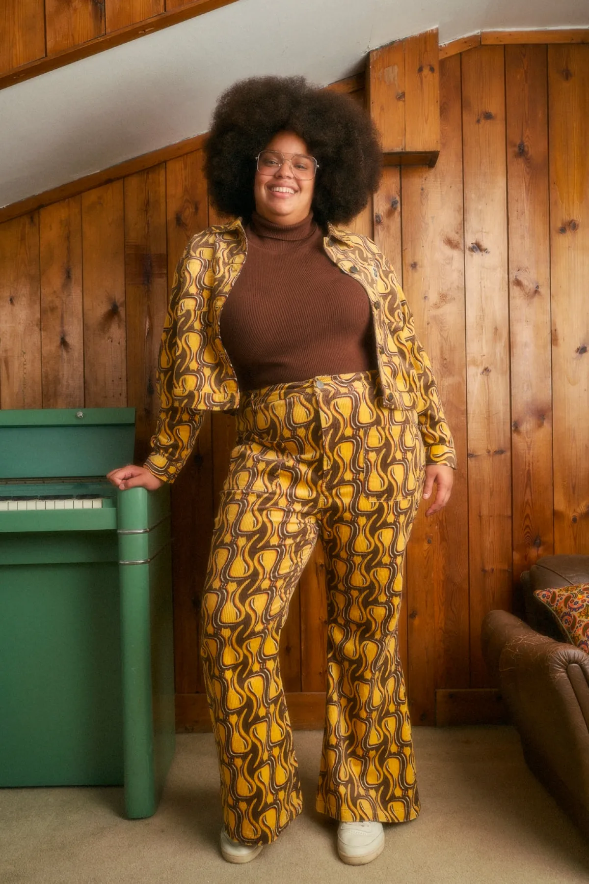 Outlet Ziggy - Flare Corduroy Trousers in Feline Fine Print All Bottoms